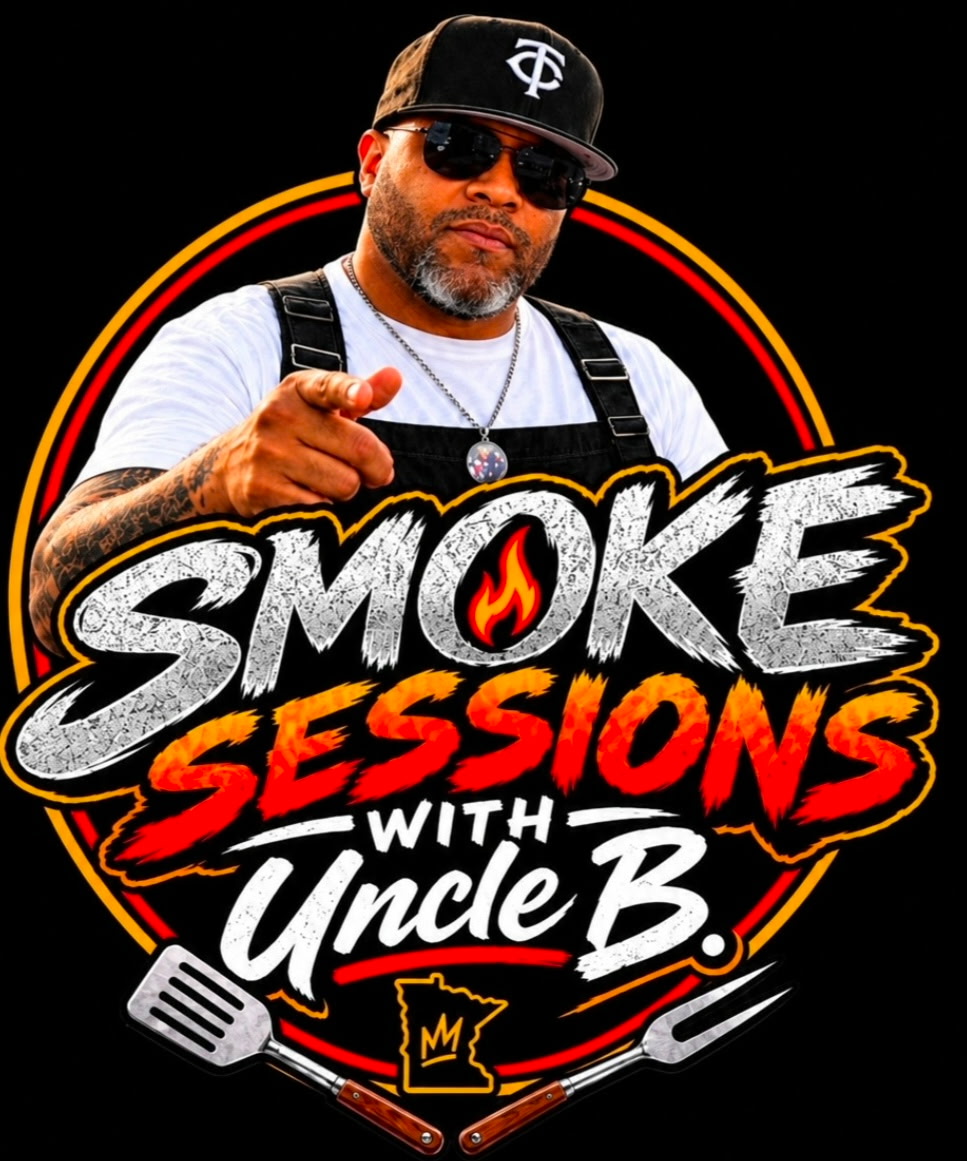 Smoke Sessions with Uncle B logo: Uncle B pointing, with a spatula and fork